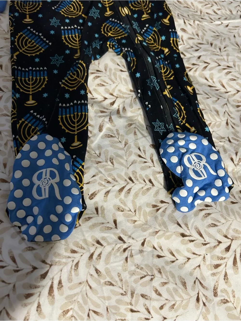 Ruffle Butts Navy & Gold Menorah Footed Pajamas for Kids
